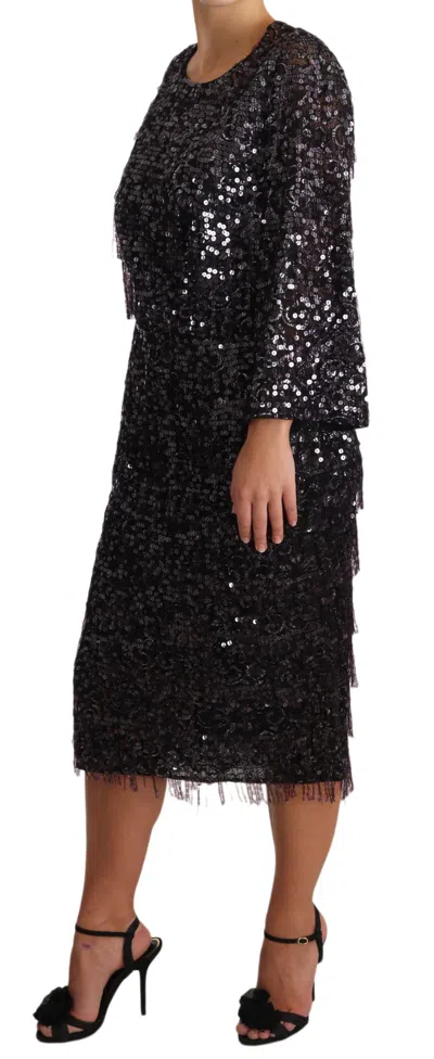 Dolce & Gabbana Black Sequined Long Sleeve Shift Midi Dress In Black