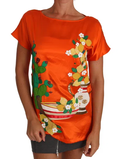 Dolce & Gabbana Silk Orange Lemon Crystal T-shirt Top In Orange