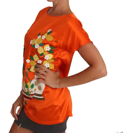 Dolce & Gabbana Silk Orange Lemon Crystal T-shirt Top In Orange