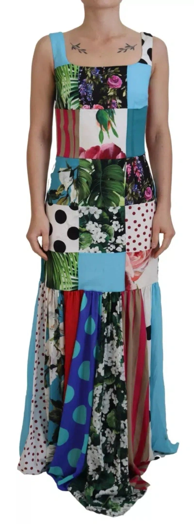 Pre-owned Dolce & Gabbana Silk Multicolor Patchwork Sheath Maxi Women's Dress ()