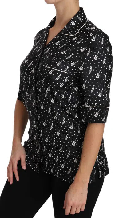 Dolce & Gabbana Silk Guitar Trumpet Print Polo Top In Black