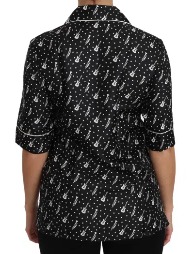Dolce & Gabbana Silk Guitar Trumpet Print Polo Top In Black