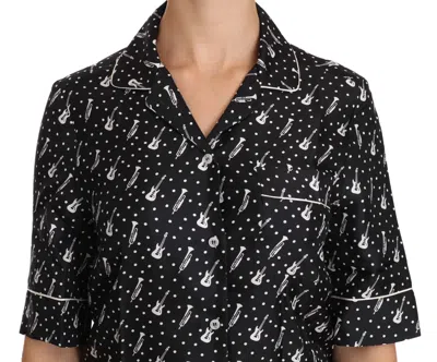 Dolce & Gabbana Silk Guitar Trumpet Print Polo Top In Black