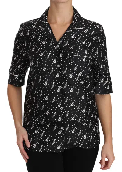 Dolce & Gabbana Silk Guitar Trumpet Print Polo Top In Black