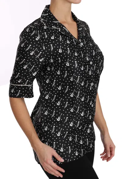 Dolce & Gabbana Silk Guitar Trumpet Print Polo Top In Black