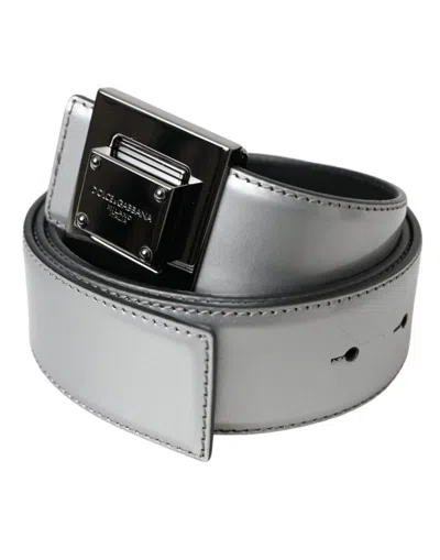 Dolce & Gabbana Silver Leather Square Metal Buckle Belt In Silver