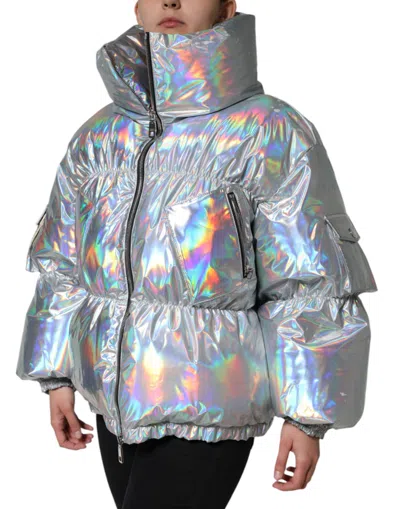 Pre-owned Dolce & Gabbana Silver Iridescent Puffer Full Zip Coat Women's Jacket ()