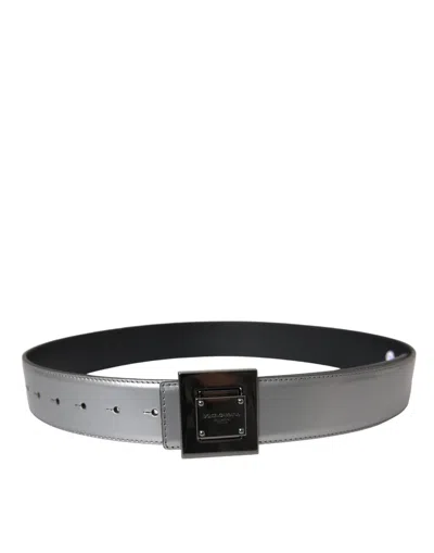 Dolce & Gabbana Silver Leather Square Metal Buckle Belt In Silver