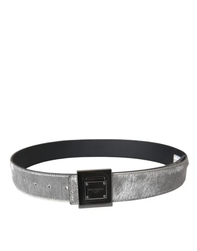 Dolce & Gabbana Silver Leather Square Metal Buckle Belt In Silver