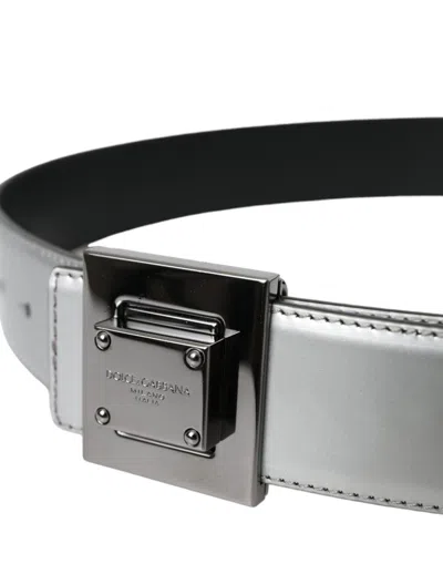 Dolce & Gabbana Silver Leather Square Metal Buckle Belt In Silver