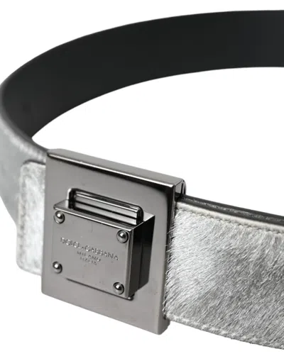 Dolce & Gabbana Silver Leather Square Metal Buckle Belt In Silver