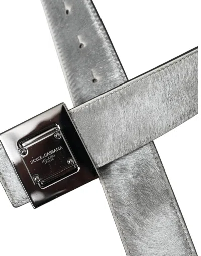 Dolce & Gabbana Silver Leather Square Metal Buckle Belt In Silver