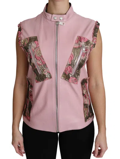 Dolce & Gabbana Pink Zippered Lamb Sleeveless Vest Leather Jacket In Pink