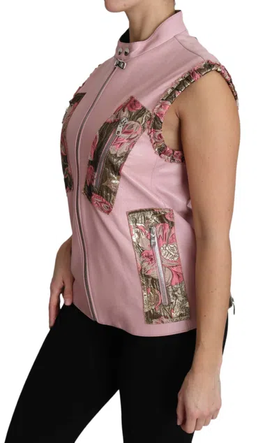 Dolce & Gabbana Pink Zippered Lamb Sleeveless Vest Leather Jacket In Pink