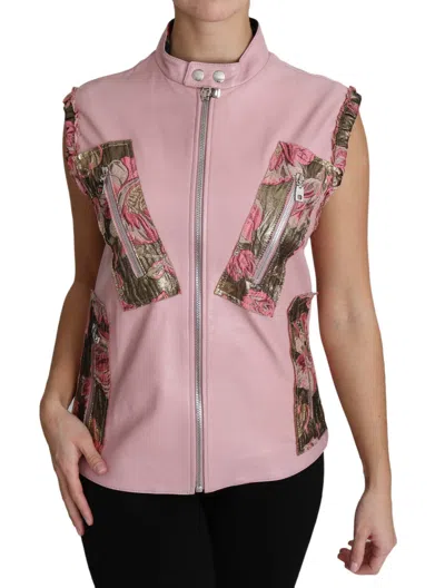 Dolce & Gabbana Pink Zippered Lamb Sleeveless Vest Leather Jacket In Pink