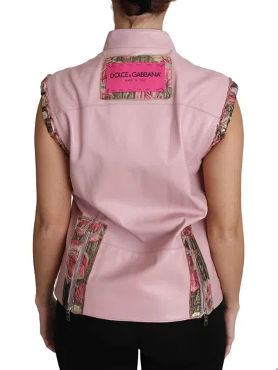 Dolce & Gabbana Pink Zippered Lamb Sleeveless Vest Leather Jacket In Pink