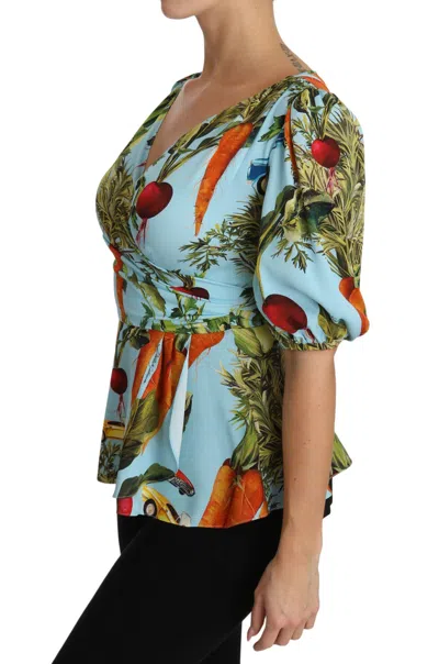 Dolce & Gabbana Multicolor Vegetable Print Silk Top Peplum Wrap Blouse In Multicolor
