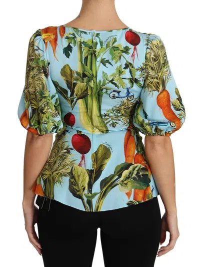 Dolce & Gabbana Multicolor Vegetable Print Silk Top Peplum Wrap Blouse In Multicolor