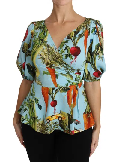 Dolce & Gabbana Multicolor Vegetable Print Silk Top Peplum Wrap Blouse In Multicolor
