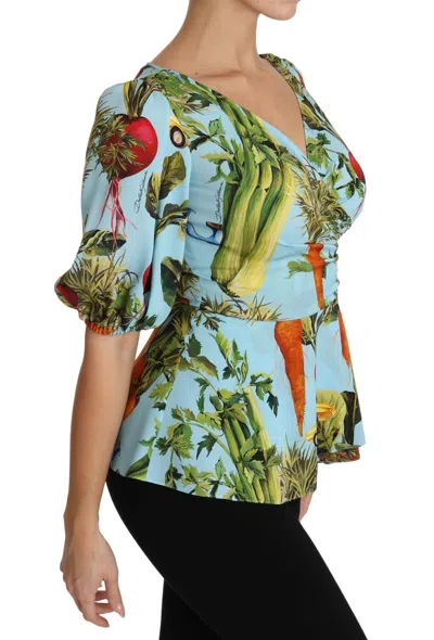 Dolce & Gabbana Multicolor Vegetable Print Silk Top Peplum Wrap Blouse In Multicolor