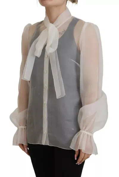Pre-owned Dolce & Gabbana White Ascot Collar Long Sleeves Blouse Women's Top ()