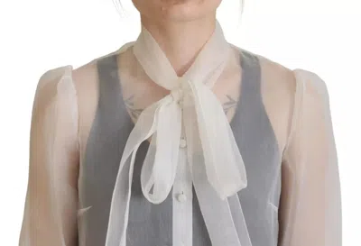 Pre-owned Dolce & Gabbana White Ascot Collar Long Sleeves Blouse Women's Top ()
