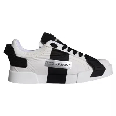 Pre-owned Dolce & Gabbana White Black Leather Low Top Women Sneaker Women's Shoes () In Black And White