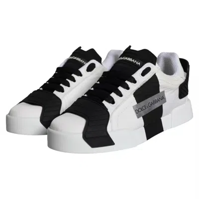 Pre-owned Dolce & Gabbana White Black Leather Low Top Women Sneaker Women's Shoes () In Black And White