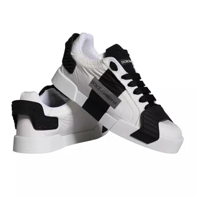 Pre-owned Dolce & Gabbana White Black Leather Low Top Women Sneaker Women's Shoes () In Black And White