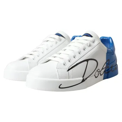 Pre-owned Dolce & Gabbana White Blue Leather Logo Low Top Sneakers Men's Shoes () In Blue And White