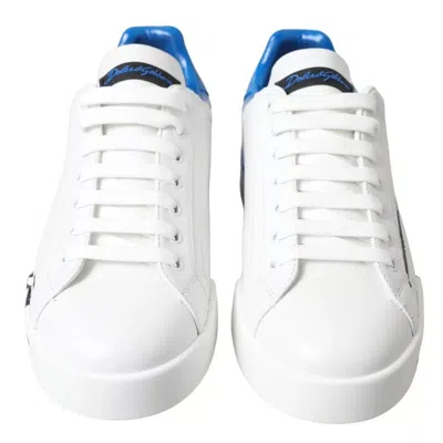 Pre-owned Dolce & Gabbana White Blue Leather Logo Low Top Sneakers Men's Shoes () In Blue And White