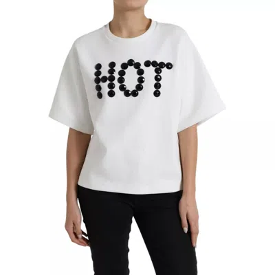 Pre-owned Dolce & Gabbana White Cotton Black Hot Crystal Top Women's T-shirt ()