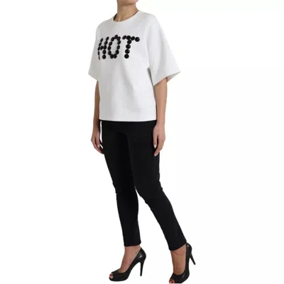 Pre-owned Dolce & Gabbana White Cotton Black Hot Crystal Top Women's T-shirt ()
