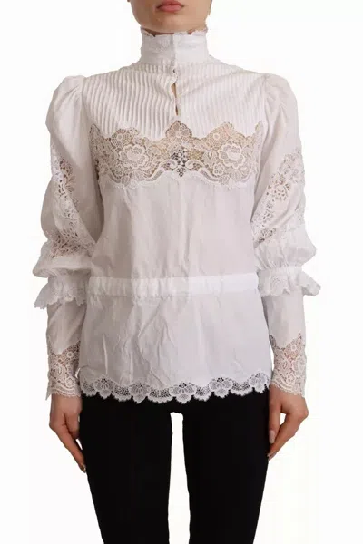 Pre-owned Dolce & Gabbana White Cotton Lace Trim Turtle Neck Blouse Women's Top ()