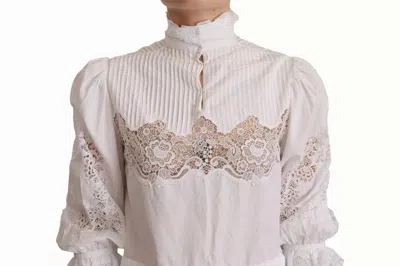 Pre-owned Dolce & Gabbana White Cotton Lace Trim Turtle Neck Blouse Women's Top ()