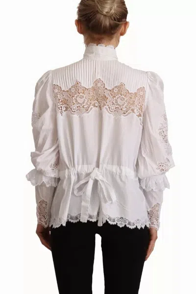 Pre-owned Dolce & Gabbana White Cotton Lace Trim Turtle Neck Blouse Women's Top ()