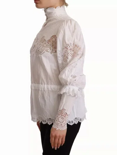Pre-owned Dolce & Gabbana White Cotton Lace Trim Turtle Neck Blouse Women's Top ()