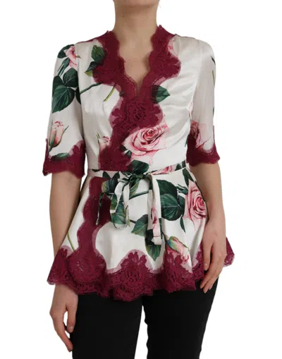 Pre-owned Dolce & Gabbana White Floral Lace Silk Short Sleeves Women's Top ()