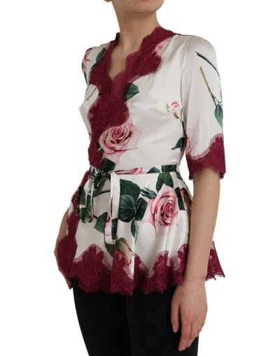 Pre-owned Dolce & Gabbana White Floral Lace Silk Short Sleeves Women's Top ()