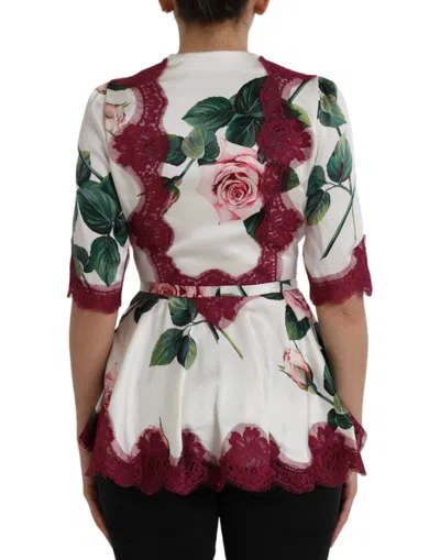 Pre-owned Dolce & Gabbana White Floral Lace Silk Short Sleeves Women's Top ()