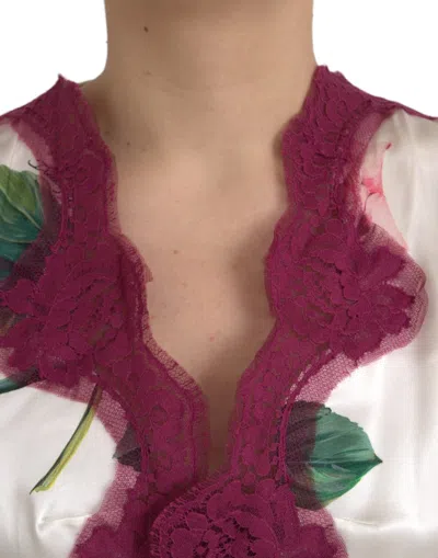 Pre-owned Dolce & Gabbana White Floral Lace Silk Short Sleeves Women's Top ()