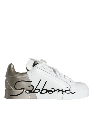 Pre-owned Dolce & Gabbana White Gold Portofino Low Top Leather Sneakers Women's Shoes () In Multicolor