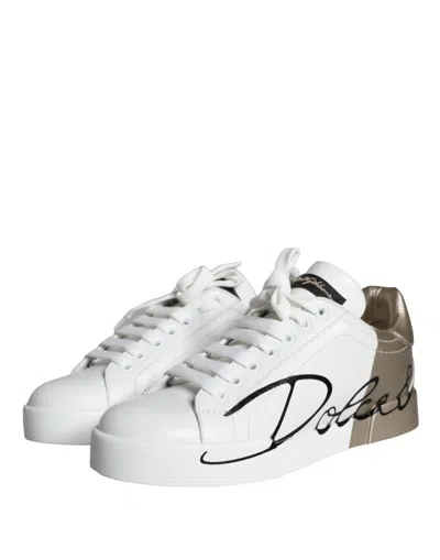 Pre-owned Dolce & Gabbana White Gold Portofino Low Top Leather Sneakers Women's Shoes () In Multicolor