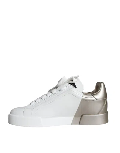 Pre-owned Dolce & Gabbana White Gold Portofino Low Top Leather Sneakers Women's Shoes () In Multicolor