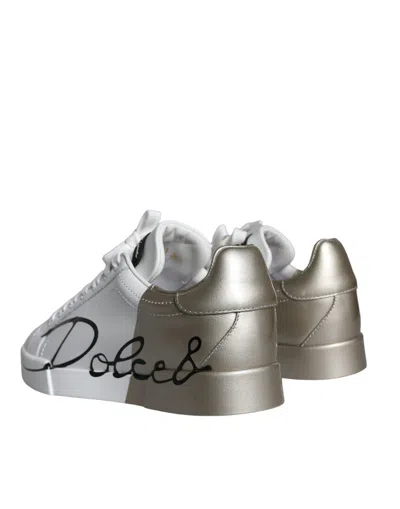 Pre-owned Dolce & Gabbana White Gold Portofino Low Top Leather Sneakers Women's Shoes () In Multicolor