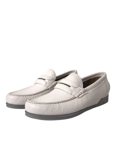 Dolce & Gabbana White Gray Leather Slip Mocassin Shoes Loafer In White