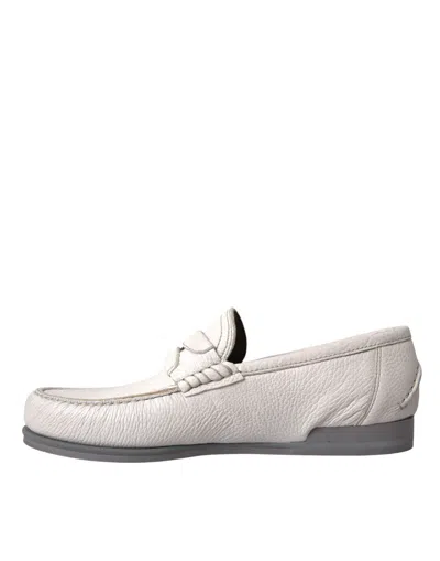 Dolce & Gabbana White Gray Leather Slip Mocassin Shoes Loafer In White