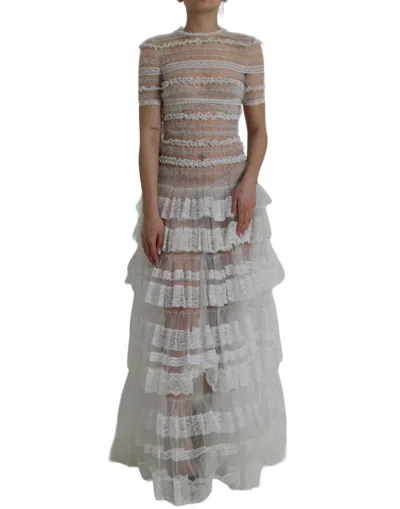 Dolce & Gabbana White Nylon Sheer Tiered Lace Maxi Dress In White
