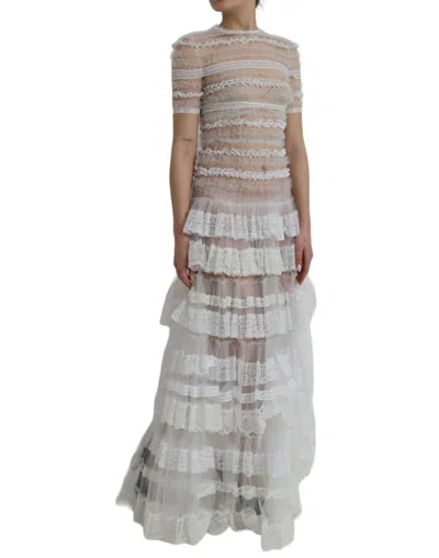 Dolce & Gabbana White Nylon Sheer Tiered Lace Maxi Dress In White