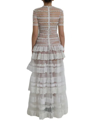 Dolce & Gabbana White Nylon Sheer Tiered Lace Maxi Dress In White